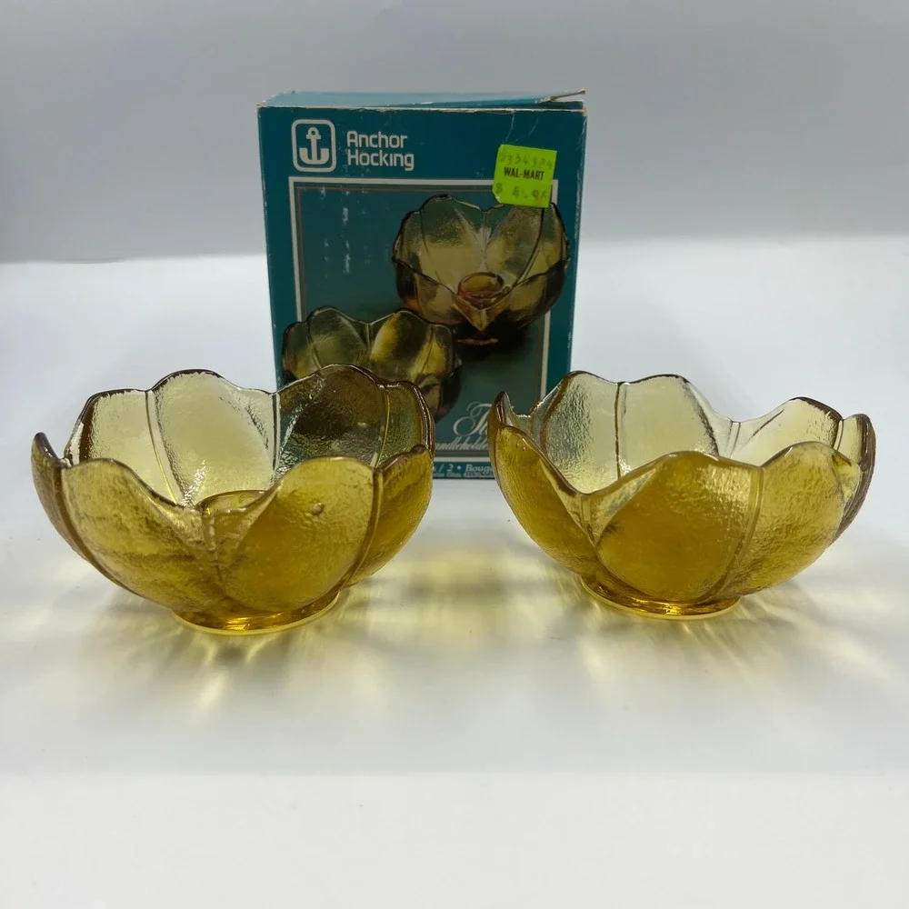 Anchor Hocking Amber Tulip Candleholders Vintage Glass Flower Set of 2 Boxed